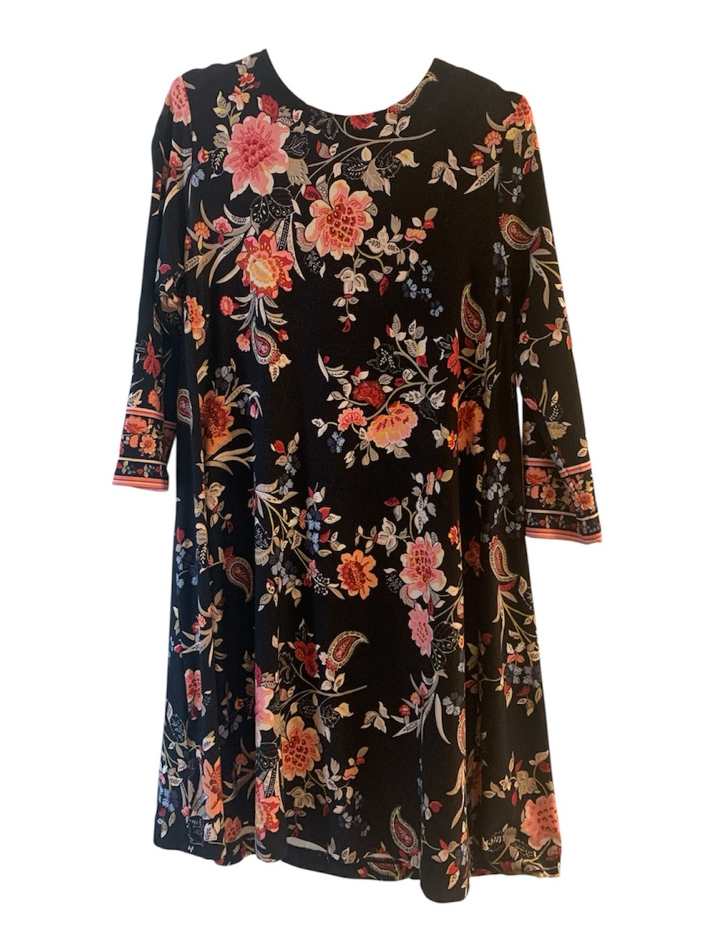 LOFT Black Floral Long-Sleeve A-Line Dress with Pink & Red Blooms